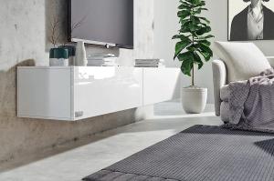 Wuun® TV Board hängend/8 Größen/5 Farben/240cm Matt Weiß- Weiß-Hochglanz/Lowboard Hängeschrank Hängeboard Wohnwand/Hochglanz & Naturtöne/Somero
