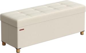 Songmics Sitzhocker mit Stauraum, klappbare Sitzbank mit Beinen, 38 x 110 x 40 cm Fußbank, Aufbewahrungsbox, bis 300 kg belastbar, für Wohnzimmer Schlafzimmer Flur, cremeweiß LSF018W11