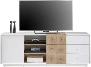 Robas Lund Lowboard weiß matt, Wohnzimmerschrank TV Möbel mit Absetzung Eiche Hirnholzoptik, BxHxT 179 x 65 x 40 cm