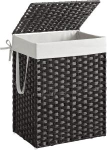 Songmics Wäschekorb handgeflochten, Rattan Schwarz, 90L 46 x 33 x 60 cm