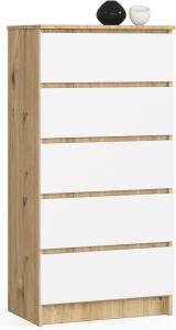 AKORD Kommode K60 mit 5 Schubladen | für das Wohnzimmer Schlafzimmer Schrank Büro Arbeitszimmer | Modernes Funktionales Design | B60 x H121 x T40 cm, Gewicht 39kg | Kunsthandwerkliche Eiche | Weiß