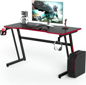 COSTWAY 120cm Gaming Tisch Z-förmig, Computertisch mit Getränkehalter, Kopfhörerhaken, Gamepad-Halterung, Ergonomischer Schreibtisch, Arbeitstisch Büro PC-Tisch (Schwarz-Rot)