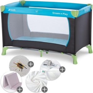hauck Reisebett Dream N Play XXL-Sparset - inkl. Alvi Reisebett-Matratze + wasserdichte Betteinlage + 2 Spannbettlaken + Insektenschutz - Waterblue