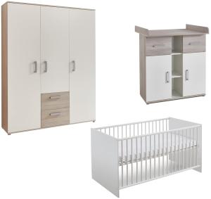 Arthur Berndt 'Lotti' Babyzimmerset 3-teilig, Ulme Silber-Grau / Weiß, aus Kinderbett (70x140 cm), Wickelkommode mit Wickelaufsatz und Kleiderschrank
