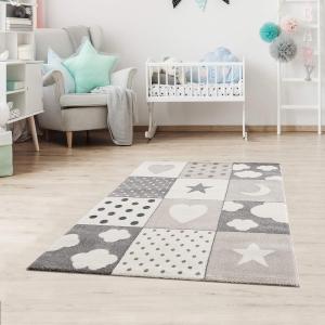 | Kinderteppiche Patchwork Herz Sterne Wolke | Kinderteppich für Mädchen und Jungs | Teppich für Kinderzimmer | Farbe: Blau, Grau & Rosa | Schadstofffrei Kinderzimmerteppich (Grau, 120x170 cm)