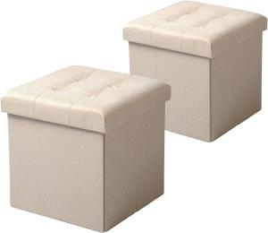 WOLTU SH06cm-2 2er Set Sitzhocker mit Stauraum Sitzwürfel Sitzbank Faltbar Truhen Aufbewahrungsbox, Deckel Abnehmbar, Gepolsterte Sitzfläche aus Leinen, 37,5 x 37,5 x 38CM(LxBxH), Cremeweiß