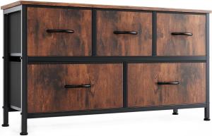 DUMOS Kommode mit Schubladen - kommoden & Sideboards für Schlafzimmer Geeignet, Komodenschrank mit 5 Schubladen, Stoffkommode mit Stabilem Stahlrahmen, Ideal für Schlafzimmer, Wohnzimmer (Braun)