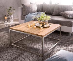 Couchtisch Tatius 80x80 Akazie Natur Gestell Edelstahl Industrial Style