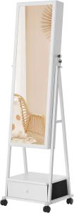 Songmics Schmuckschrank, Ganzkörperspiegel, Spiegelschrank, abschließbarer Schmuckorganizer mit Schublade, Rollen, 41,5 x 37 x 152,5 cm, Weiß