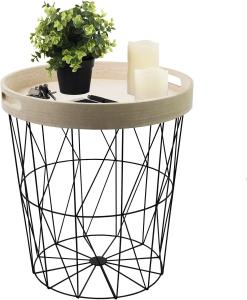 Beistelltisch Ø40xH45cm Metallkorb mit Tablett - Schwarz/Natur