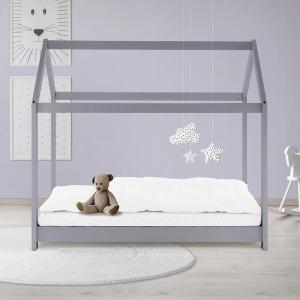 ML-DESIGN Kinderbett Hausbett Spielbett inkl. Lattenrost kreativ Bodenbett für Kinder, Abenteuerbett, Haus Bett Himmelbett Kiefer Jugendbett Hellgrau