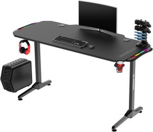 ULTRADESK Frag RGB LED | Gaming-Schreibtisch mit großer Arbeitsfläche & XXL-Pad, 2 Kabeldurchlässe | Gut für Home Office, Fach für Steckdosenleisten | Stahlrahmen, Schwarzes Pad, 140x66 cm