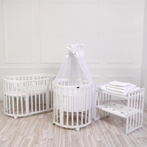 ComfortBaby SmartGrow 7 in 1 Weiss Komplett, Kinder-bett Set, Laufgitter, Beistellbett, Bettwäsche Set, Matratze, Wickeltisch, Stühle und Kindertisch Weiss-Stoffe weiss