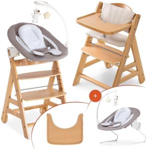 Hauck Alpha Plus Move Newborn Set Deluxe - Baby Holz Hochstuhl ab Geburt mit Liegefunktion - inkl. Aufsatz für Neugeborene, Sitzpolster, Tisch - mitwachsend, verstellbar - Natur Sand