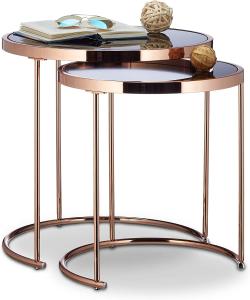 Relaxdays Satztische, verchromt, modernes Design-Schwarzglas, Couchtisch Metall, Kupfer 2er Set Beistelltisch rund Stahl, 50 x 50 x 51 cm