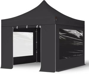 3x3 m Faltpavillon, PREMIUM Stahl 40mm, Seitenteile mit Panoramafenstern, schwarz