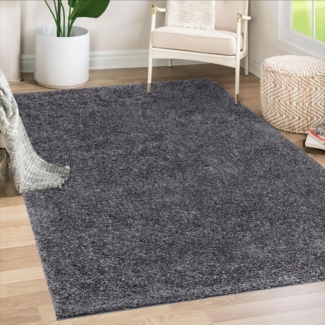 Teppich Wohnzimmer Hochflor Shaggy - 120x170cm - Anthrazit Einfarbig Uni Flauschig Modern Boho Deko Teppiche Weich Schlafzimmer