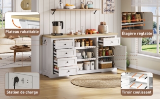 Sideboard 150x65x75 cm mit 5 Schubladen, 2 Ausziehböden und klappbarer Erweiterungsplatte, Weiß und Natur, integrierte Steckdosen