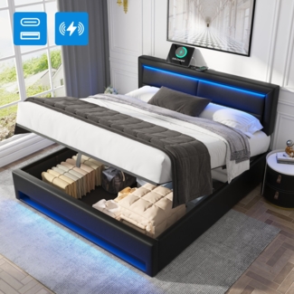 Merax Polsterbett LED Doppelbett 140x200cm mit USB-Anschluss und hydraulischem Stauraum, schwarz