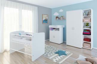 Lunis Set 5: best. aus Babybett, Kommode, Wickelaufsatz, Wandboard, Regal mit 6 Fächern und Kleiderschrank 2-trg.