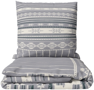 Leonado Vicenti Bettwäsche 135x200 cm warm und kuschelig, Fleece, 4 teilig, Gestreift und Schneeflocken, grau und weiß