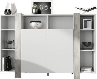 Vladon Highboard Ida, Anrichte mit 12 Fächern, Korpus in Weiß matt, Blenden in Beton Oxid Optik (149 x 101 x 34 cm)