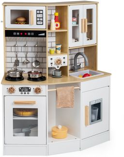 Kinder Spielküche aus Holz Spielküche mit Licht Sound Herd Spüle Dunstabzugshaube Eismaschine Natur