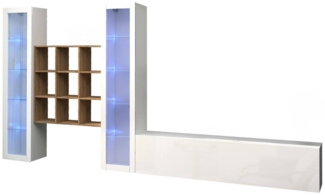 Dmora Ausgestattete Wand Atella, 3-türiges TV-Ständer-Wohnzimmerset, Mehrzweck-Wohnzimmermöbel mit Vitrine und LED-Licht, 100 % Made in Italy, 350 x 30 x 180 cm, glänzendes Weiß und Ahorn,