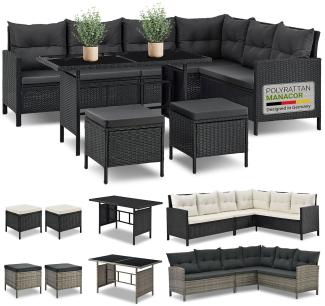 Juskys 'Manacor' Lounge mit Sofa, Tisch, 2 Hocker & Kissen, Polyrattan schwarz-grau, 7 Personen