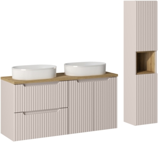 NOVA CASHMERE Badmöbel-Set 120 cm mit einer Waschtischplatte, 2 Beyond-Aufsatzwaschbecken und einem Hochschrank (40x120cm), Kaschmir matt,Eichenküste Evoke