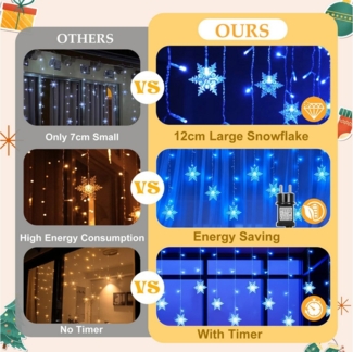 Rosnek LED-Lichtervorhang 12cm Schneeflocke Weihnachtsbeleuchtung, 8 Modi, Timer, anschliessbar, Speicherfunktionen, Wohnzimmer Deko