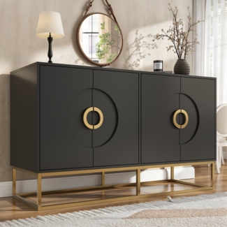 HAUSS SPOLE Sideboard Schrank mit 4 Rundzugring Schranktür, für Esszimmer-Wohnzimmer schwarz (Esszimmerschrank– Sideboard mit Rundzugring-Tür, Kippsicheres Design, Luxuriöse MDF-Oberfläche, Viel Stauraum, 140x40x83 cm)