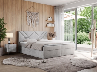 Boxspringbett, Polsterbett mit Multipocket-Matratzen und Topper, dekorativem Kopfteil, zwei Bettkästen - NEOMI - 180 x 200 cm - Hellgrau Velours - H4