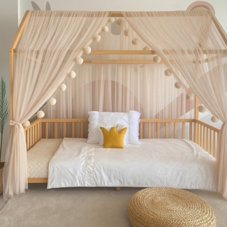 Baby Fancyroom Betthimmel Betthimmel Tüll Hausbett Kinderbett 2 Stück 340cm 380cm Montessori (3-tlg. Set mit 2x Betthimmel und einer 20er Pomponkette, Baldachin, Kinder Betthimmel Baldachin Himmel Deko Set), Betthimmel für Hausbett Montessori