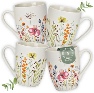 matches21 HOME & HOBBY Tasse Kaffeetassen Blumen Dekor, 4er Set Kaffeetasse Weiß, 4-tlg, Porzellan, Frühstückstasse 275 ml mit Floralem Design