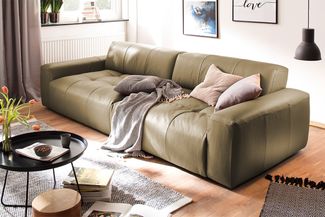 KAWOLA Big Sofa PALACE 3-Sitzer mit Sitztiefenverstellung Leder oliv 74 x 120 x 298 cm