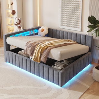 Merax Daybett Polsterbett Schlafsofa 140x200, Mit hydraulischem Stauraum, Mit LED-Licht und USB-Ladeanschluss, Samt, dunkelgrau