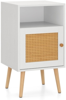 Rattan Nachttisch mit Stauraum Offenem Regal & Tür Bauernhausstil Beistelltisch 1 Stück Weiß