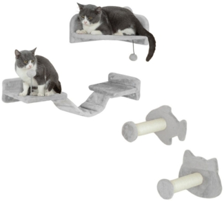 PawHut Katzen-Kletterwand Katzenmöbel mit Stufen, Leiter, Sprungtürmen, Kratzbäumen, Spielball, für Katzen bis 5 kg, Hellgrau