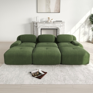 3-Sitzer-Sofa, Modulares mit 3 Hockern aus Cordstoff montagefreie Lieferung haustierfreundlich ultra-breite Armlehnen 32D hochelastische Polsterung für Wohnzimmer und Heimkino, Cordstoff, Green