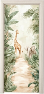 MuchoWow Türtapete Dschungel - Giraffe - Elefant - Grün - Natur, Matt, bedruckt, (1 St), Selbstklebende Tapete, Folie für Möbel, 75x205 cm