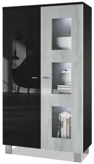 Vladon Vitrine Denjo, Standvitrine mit 2 Türen und 3 Glaseinsätzen, Schwarz matt/ Schwarz Hochglanz/ Beton Oxid-Optik, inkl. LED-Beleuchtung (71 x 129 x 35 cm)