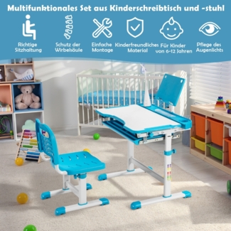 Kindertisch Kinderschreibtisch Set mit Bücherständer & LED-Licht für Jungs & Mädchen Blau