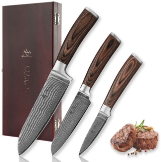 Wakoli Messer-Set Edib 3er Damastmesser-Set I Kochmesser Küchenmesser I 8 -17cm Klingen (Küchenmesser Set in Holzbox, 3-tlg, 1x Santoku, 1x Santoku klein, 1x Spickmesser), VG10 Kern, langanhaltende Schärfe