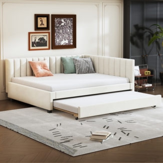 Merax Doppelbett Polsterbett 140*200, Ausziehbares Schlafsofa, Multifunktionsbett mit Lattenrost, Jugendbetten Kinderbetten Gästebetten, Samtstoff Beige