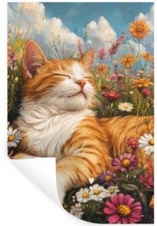 MuchoWow Wandsticker Katze - Blumen - Entspannen (1 St), Wandaufkleber, Selbstklebend, Wohnzimmer, 20x30 cm