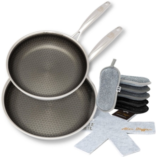 HENSSLERS Pfannen-Set HENSSLERS Kochbox Deluxe, Edelstahl (Set, 10-tlg, Pfanne 24 + 28 cm, Mikrofaser-Schwamm-Set 6 tlg, 2x Pfannen-Schoner), Exklusives Set für OTTO