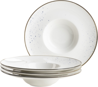 MSER Serie Pintar, hochwertiges Gourmetteller-Set, 4-teilig mit 26 cm, breiter Tellerrand, mit heller Glasur, visuellen blauen Sprenkeln und feinem Rand im Vintage Look, Porzellan
