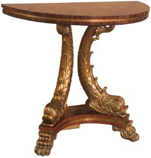 Casa Padrino Luxus Barock Konsole Braun / Gold 92 x 47 x H. 83 cm - Halbrunder Massivholz Konsolentisch mit dekorativen handgeschnitzten Koi Fischen und Löwenfüßen - Edel & Prunkvoll