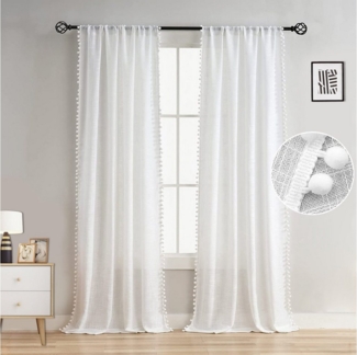 BTTO V&G Scheibengardine Retro Vorhänge,Voile Gardinen mit Stangedurchzug,Bistrogardine, (2 St), transparent, Boho Fenster Vorhänge,Bistrogardine,Pompom-Quasten, Schlafzimmer